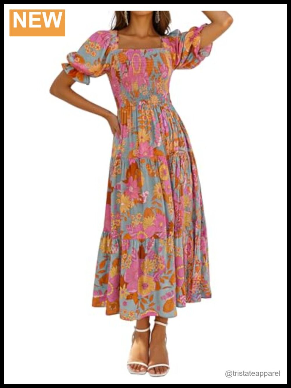Boho Floral Ruffle Maxi Dress Smocked Square Neck Puff Sleeve Summer